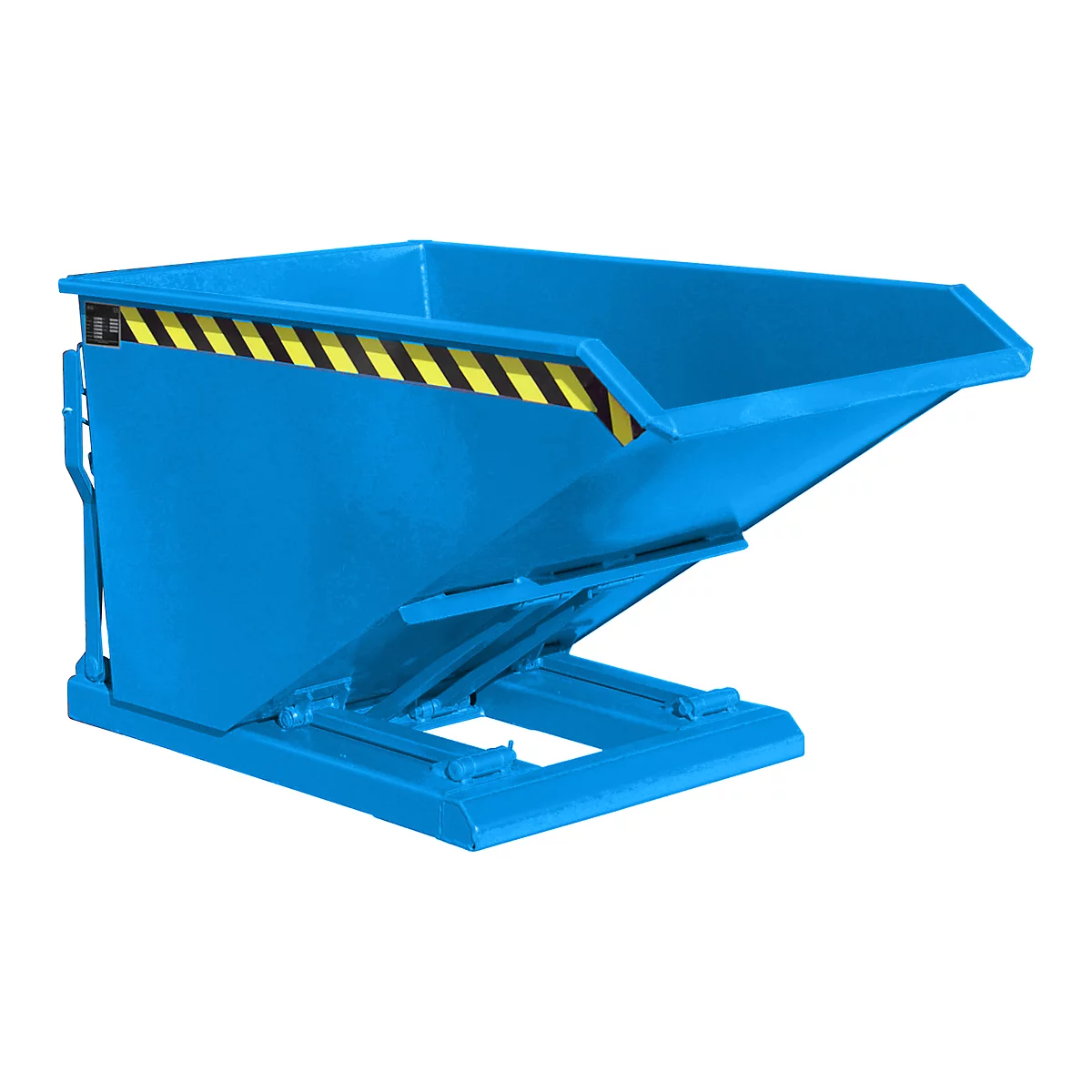 Blue tipping skip, diagonally from the front, with black and yellow warning stripes. The product is designed for the transport of bulk goods.