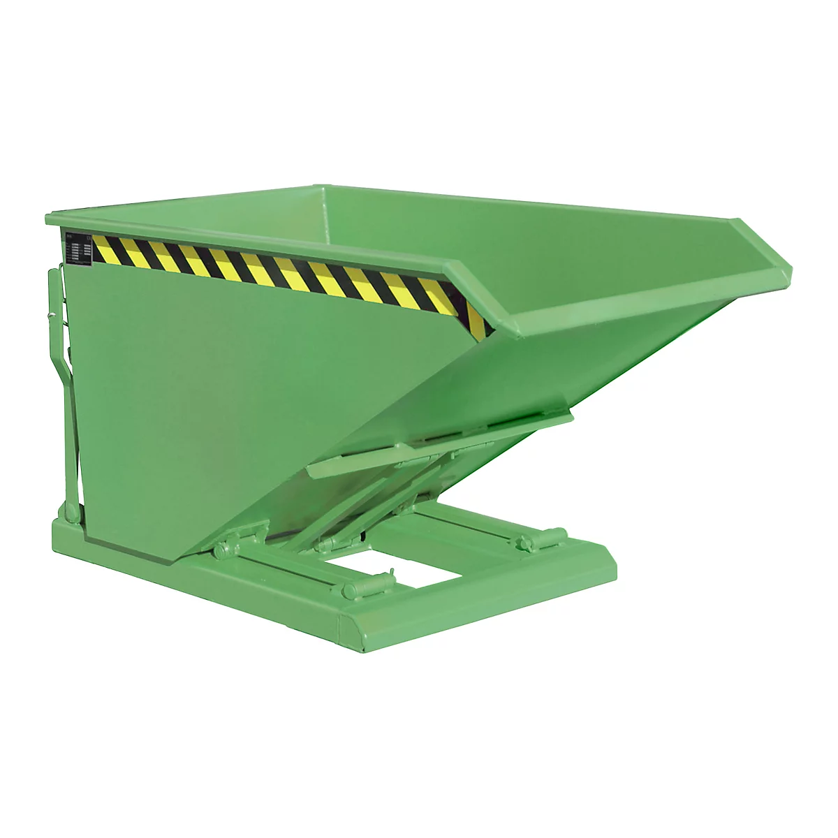 Green tipping skip with black and yellow warning stripes.
