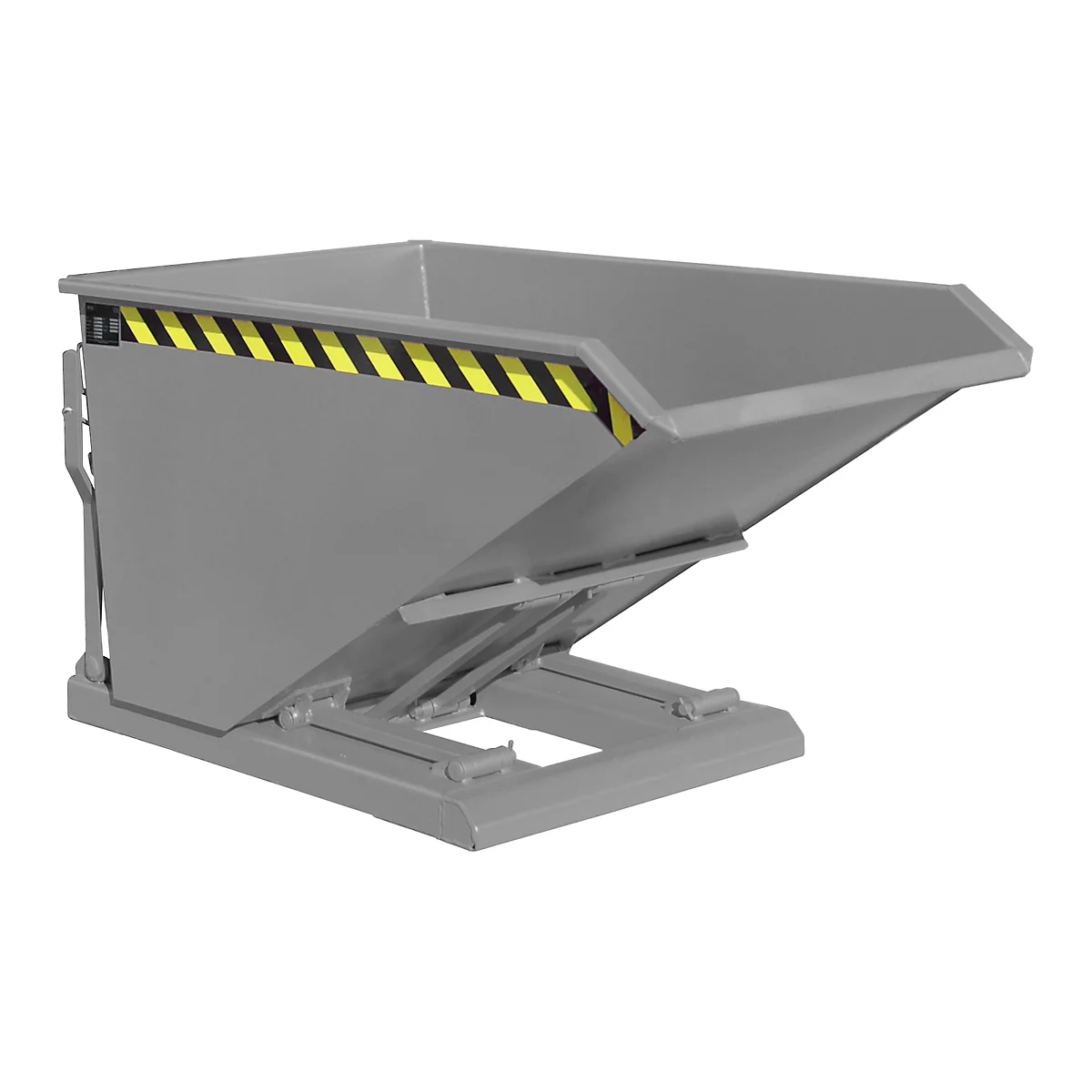 Grey metal tipping skip, yellow and black warning marking, standing at an angle.