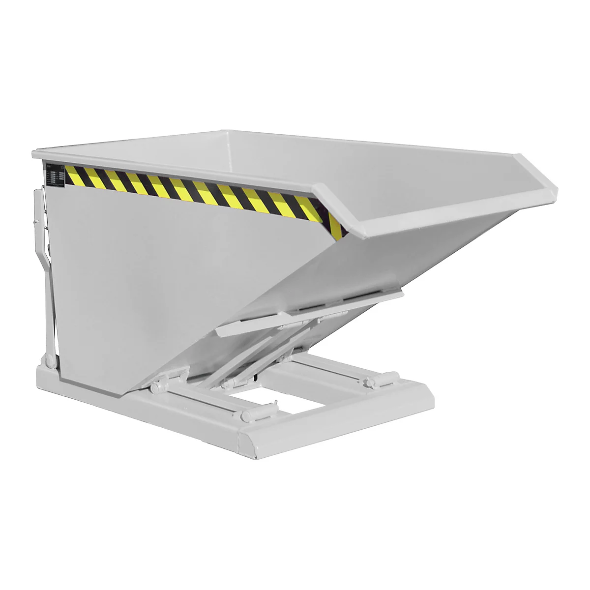 Gray tipping container with black and yellow warning stripes, on a white background.