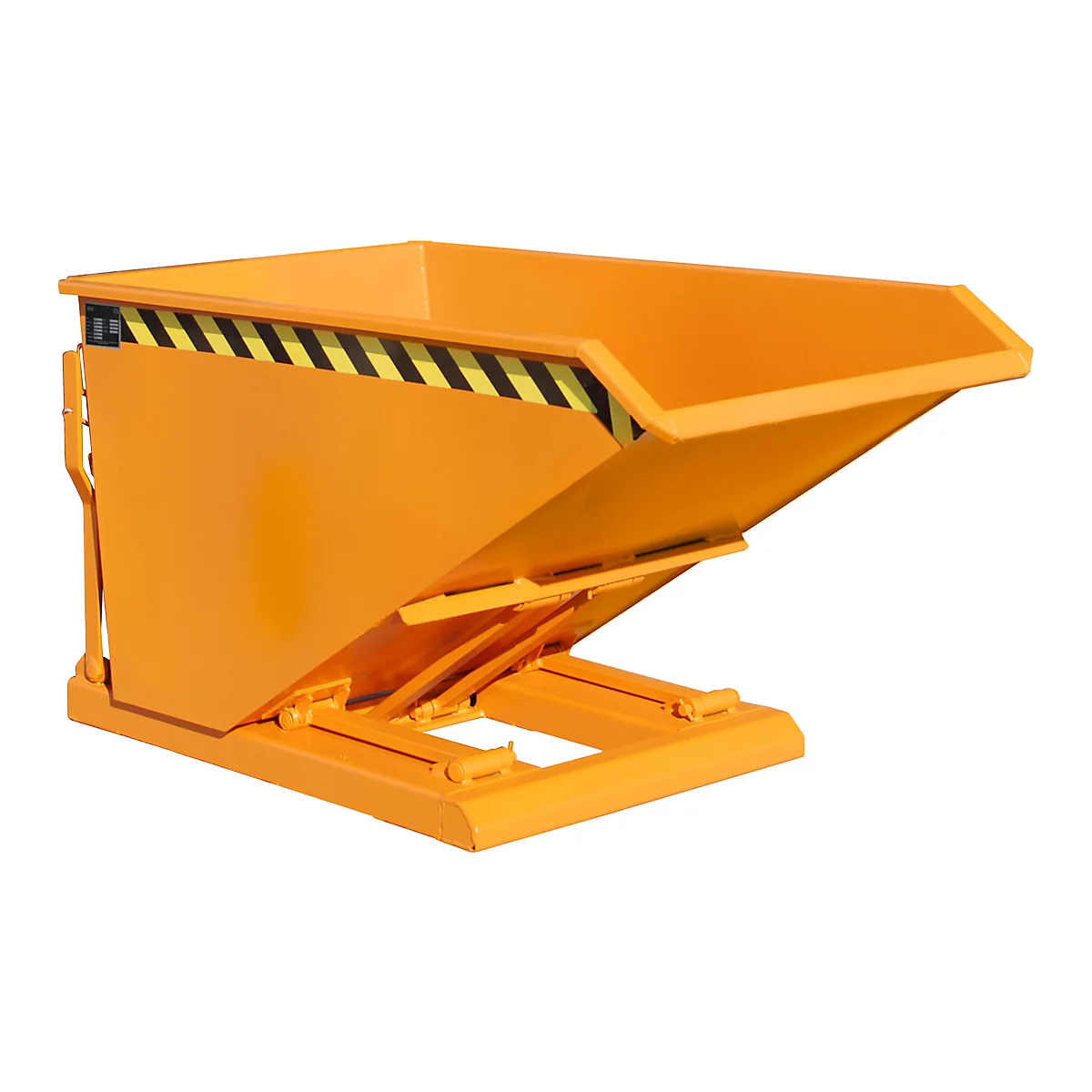 Orange tipping skip with black and yellow warning stripes. The skip is raised.