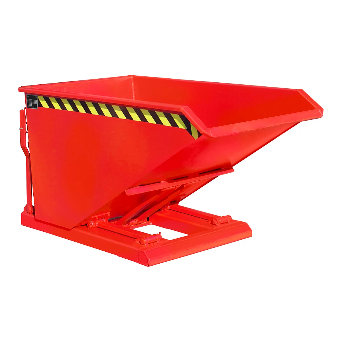 Red tipping skip with yellow and black warning markings, standing on a red base.