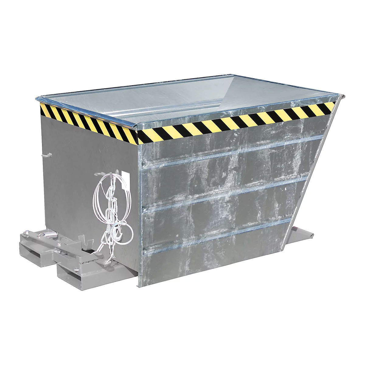 Gray metal container with slanted sides, decorated with a yellow and black warning stripe.