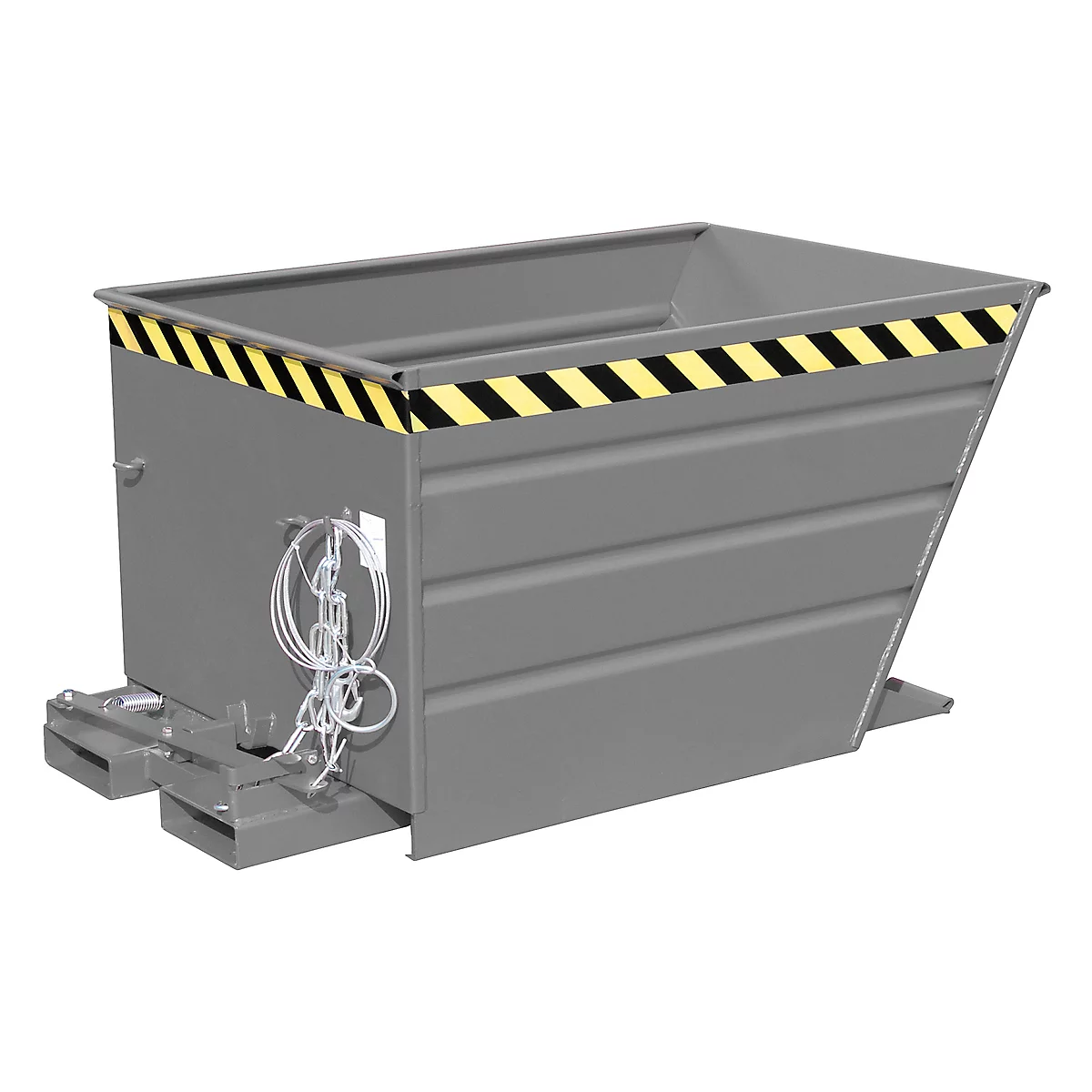 Gray steel container with a black and yellow warning stripe. Suspension with cable pull.