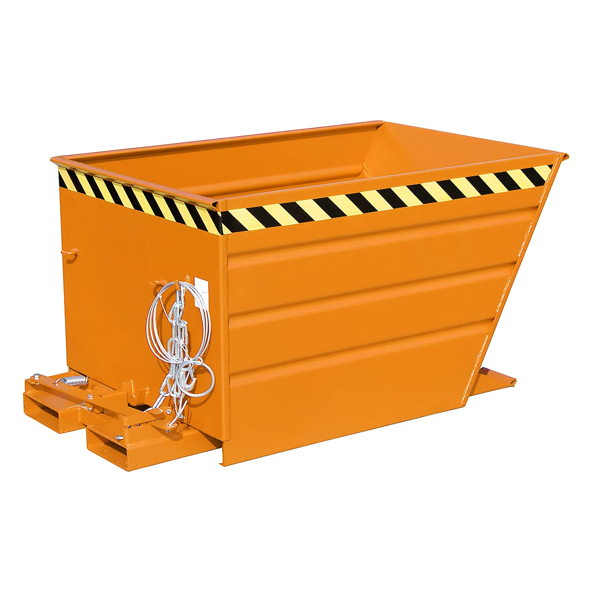 Orange tipping skip with a black and yellow warning marking on the upper edge. Chains and other details are attached to the container.