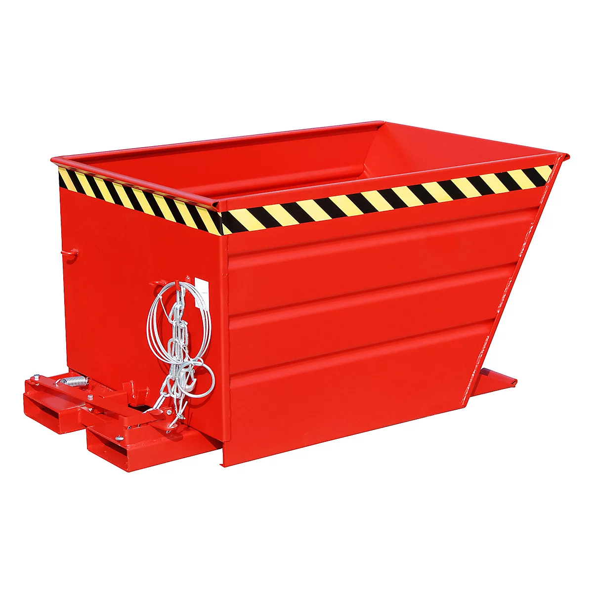 Red stacking container with black and yellow warning markings.