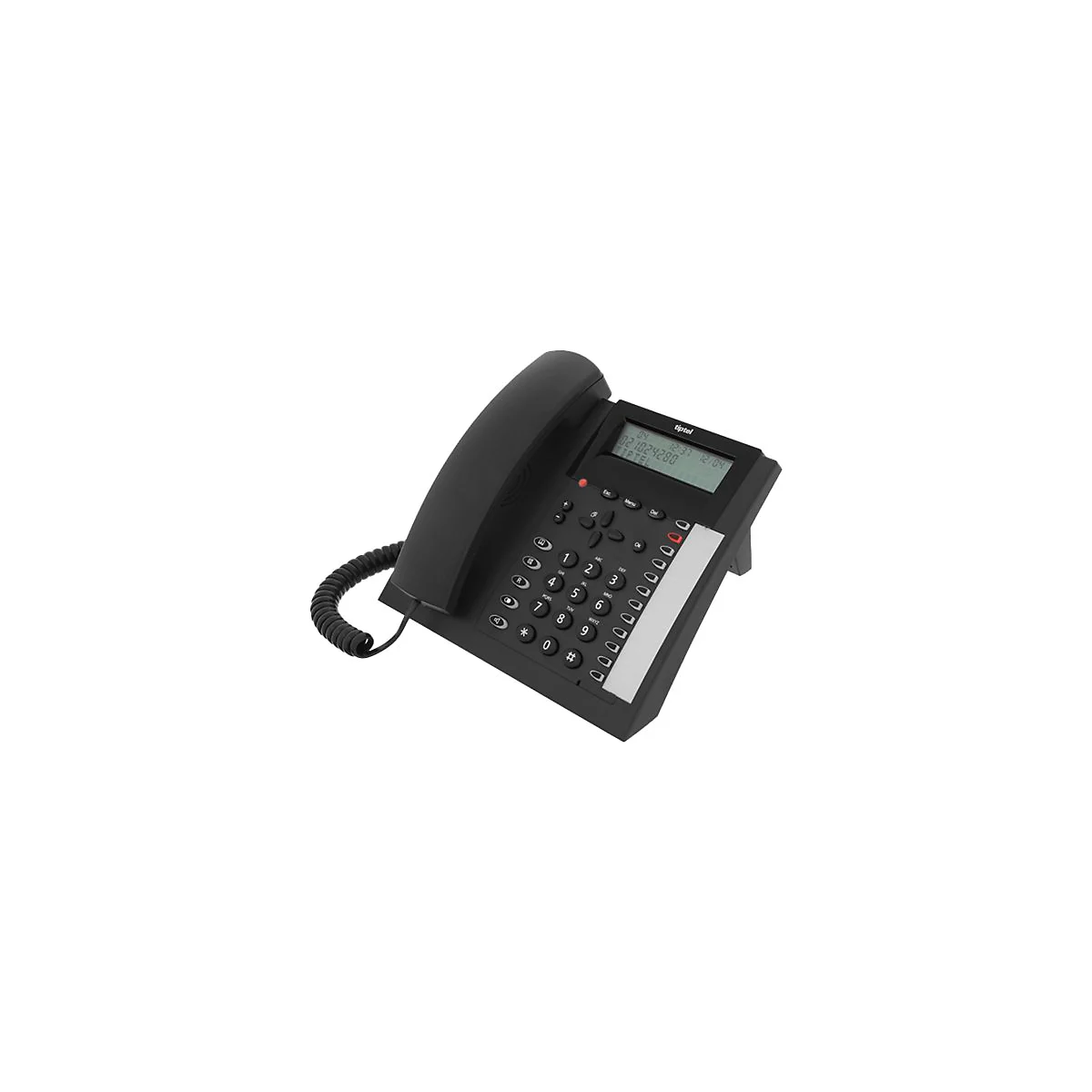 Schwarzes Festnetztelefon mit Display, Tasten und HÃ¶rer. Auf dem Display sind Zahlen zu sehen.