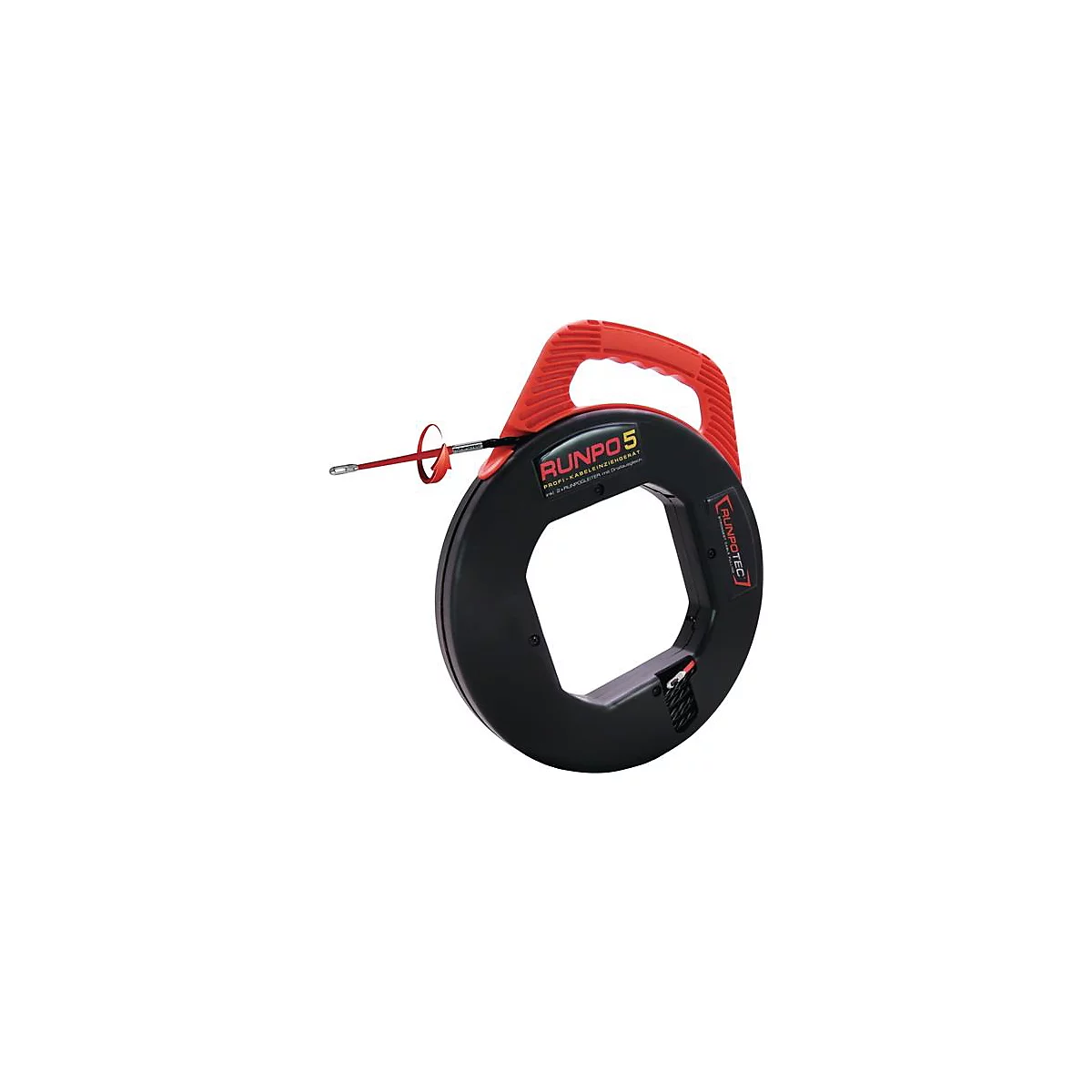 Tire-câble, noir avec poignée rouge, le câble sort de l'appareil.