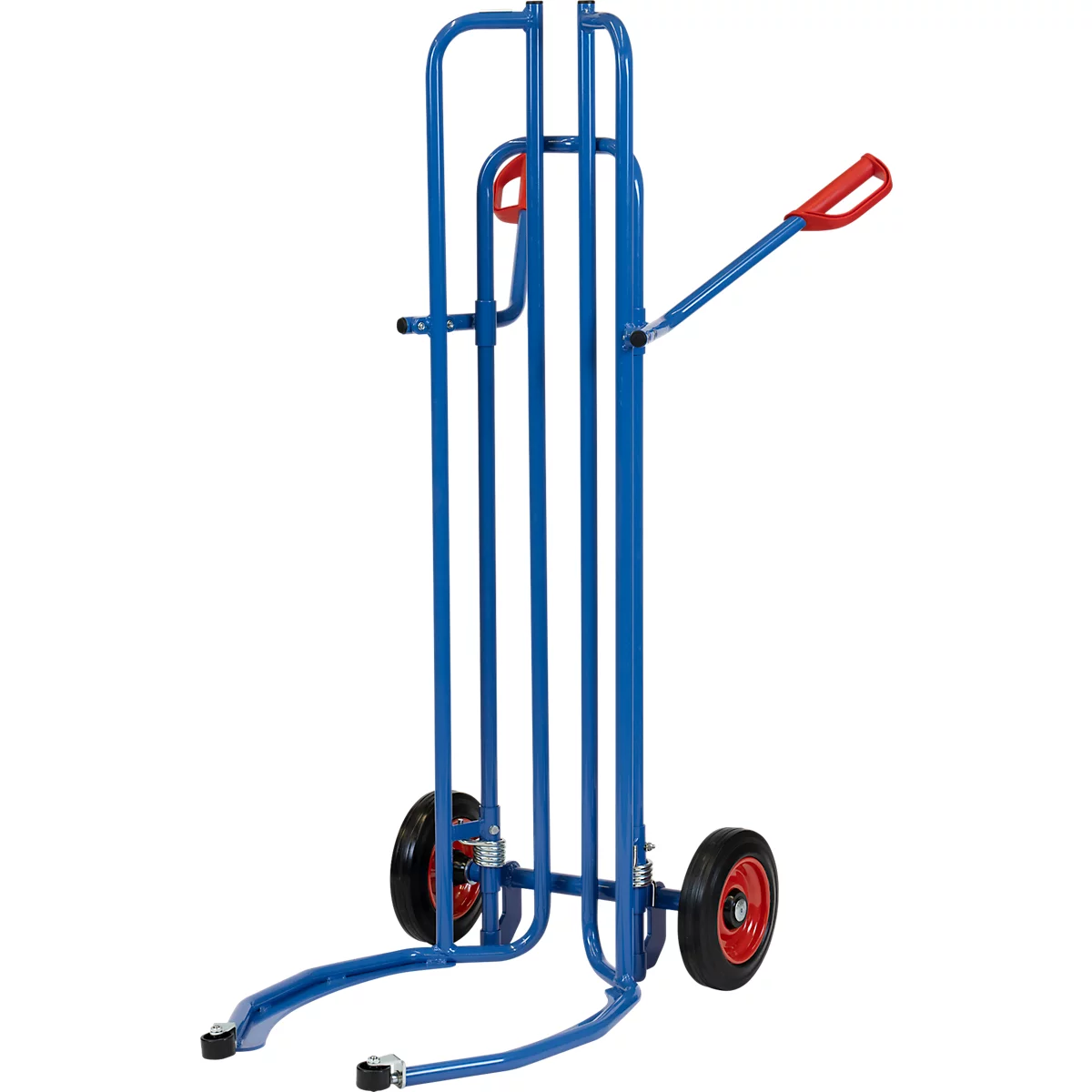 Blue cart with red handle and wheels. The frame is made of metal. Two wheels are visible.