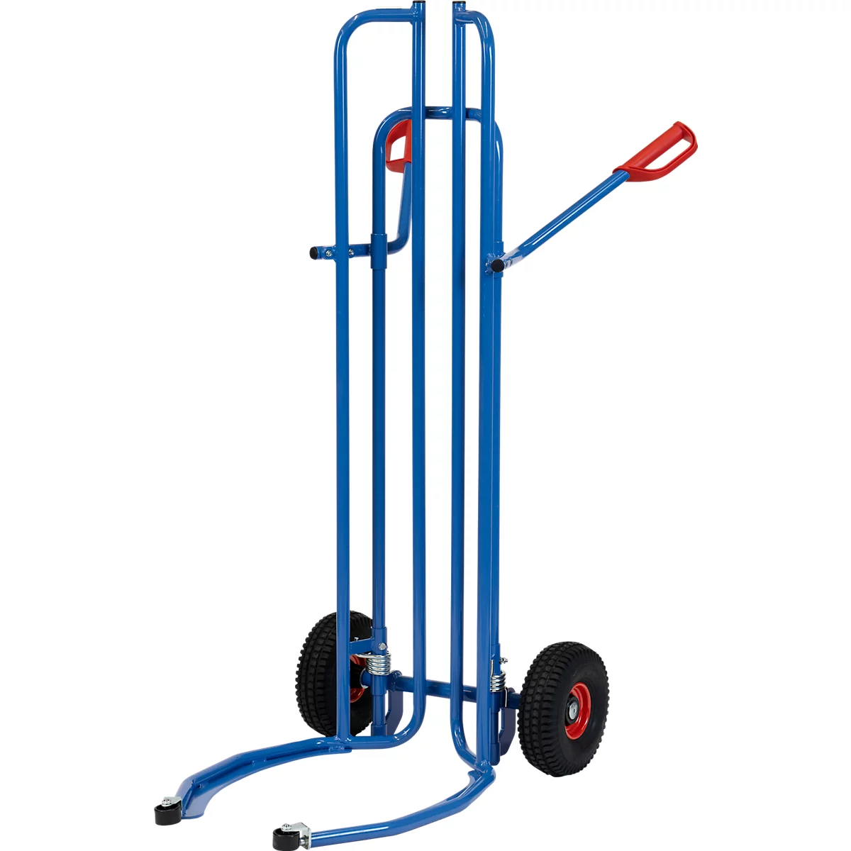 Blue hand truck with two wheels and red handle against a white background.