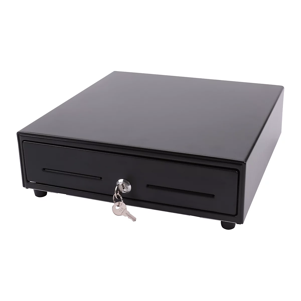 Une caisse enregistreuse noire et rectangulaire avec trou de serrure et clé sortante.