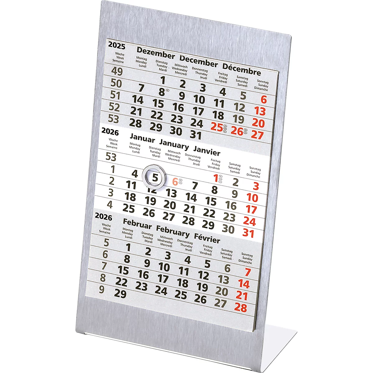 Tisch-Aufstellkalender Edelstahl 2026/2027, 3-sprachig, magnetisch, 24 Seiten, Datumsschieber, B 105 x H 230 mm, Edelstahl gebürstet