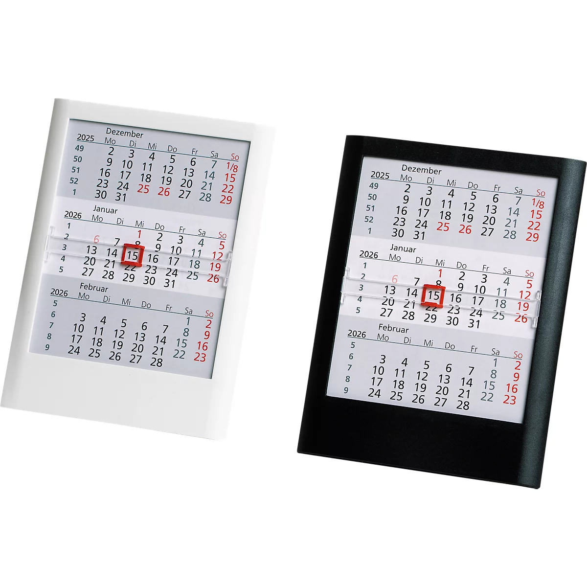 Tisch-Aufstellkalender Standard 2026/2027, 24 Seiten, roter Datumsschieber, B 120 x H 160 mm, Kunststoff, weiß