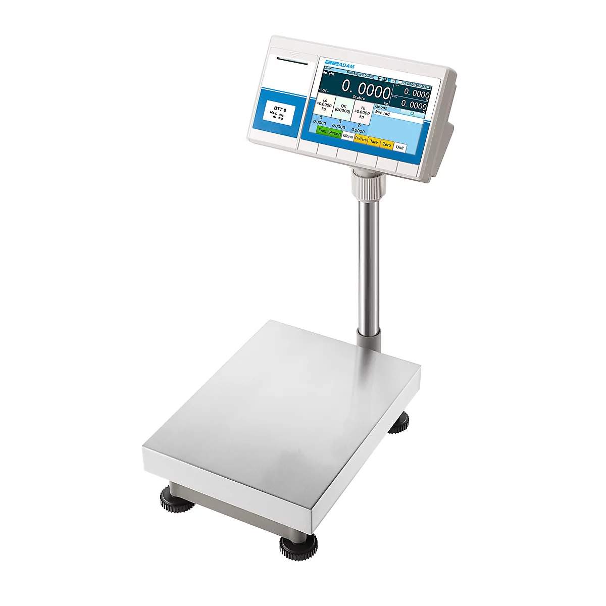 Digitale Waage mit Display, zeigt 0,0000 an. Auf dem Display befinden sich weitere Informationen und Knöpfe.