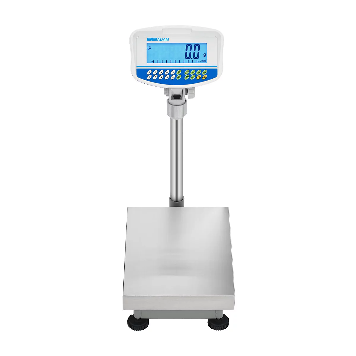 Digitale Waage, weißes Gehäuse, silberne Säule, rechteckige Plattform, Anzeige: 0.0.