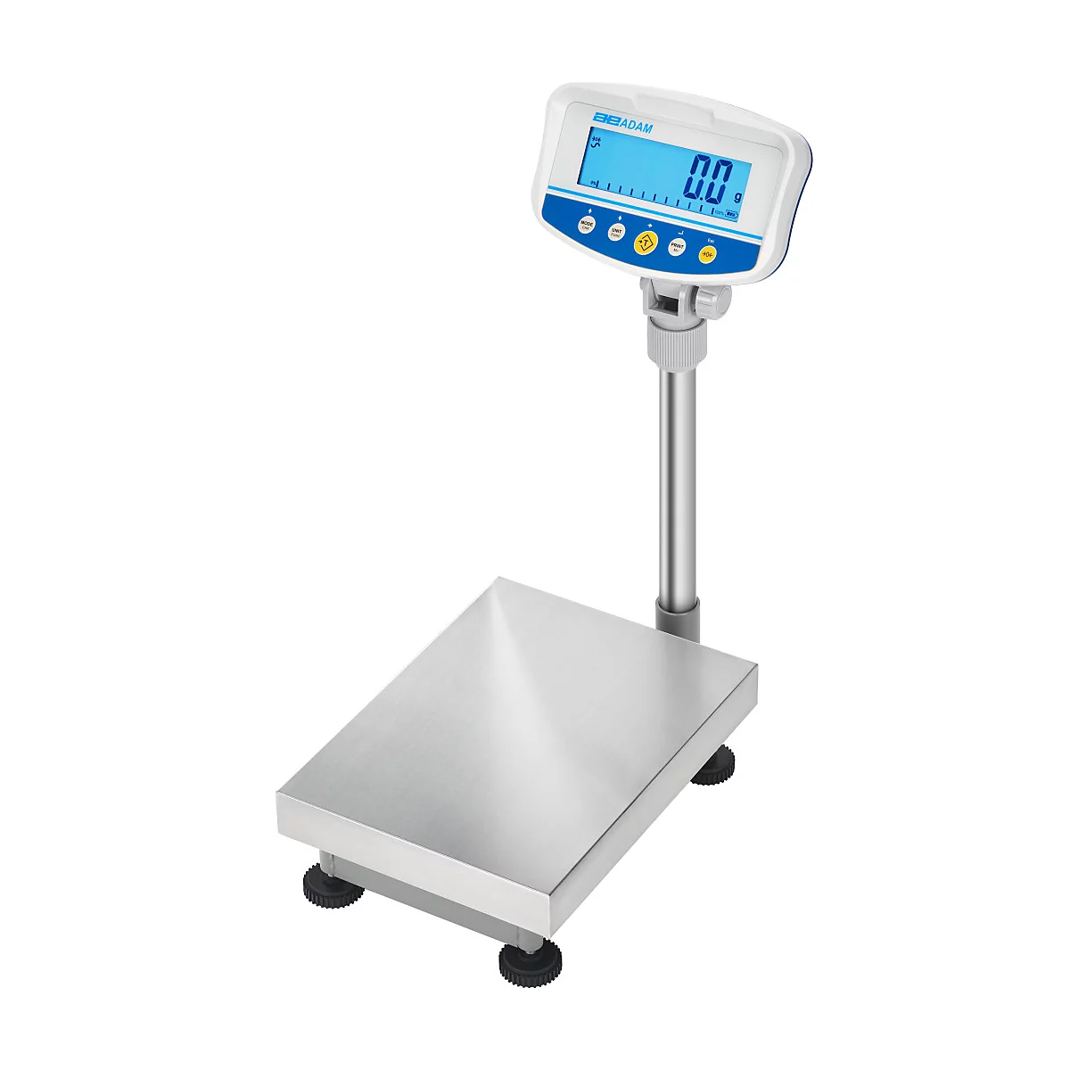 Digitale Waage, Edelstahl, mit digitaler Anzeige, zeigt 0,0 an.