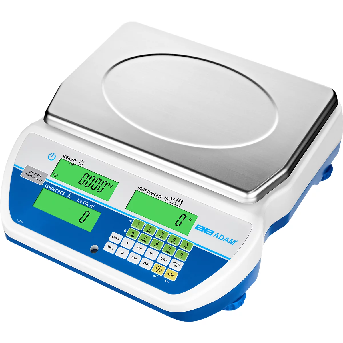 Tisch-Zählwaage Adam CCT 20M, Wägebereich 5 g-20 kg, LC-Display, RS-232, Netzanschluss/Akku, B 326 x T 355 x H 115 mm, Edelstahl, weiß-blau