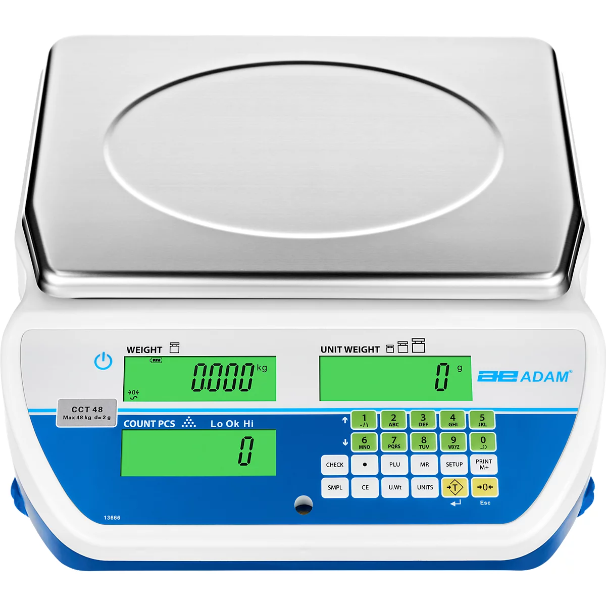 Tisch-Zählwaage Adam CCT 4M, Wägebereich 1 g-4 kg, LC-Display, RS-232, Netzanschluss/Akku, B 326 x T 355 x H 115 mm, Edelstahl, weiß-blau