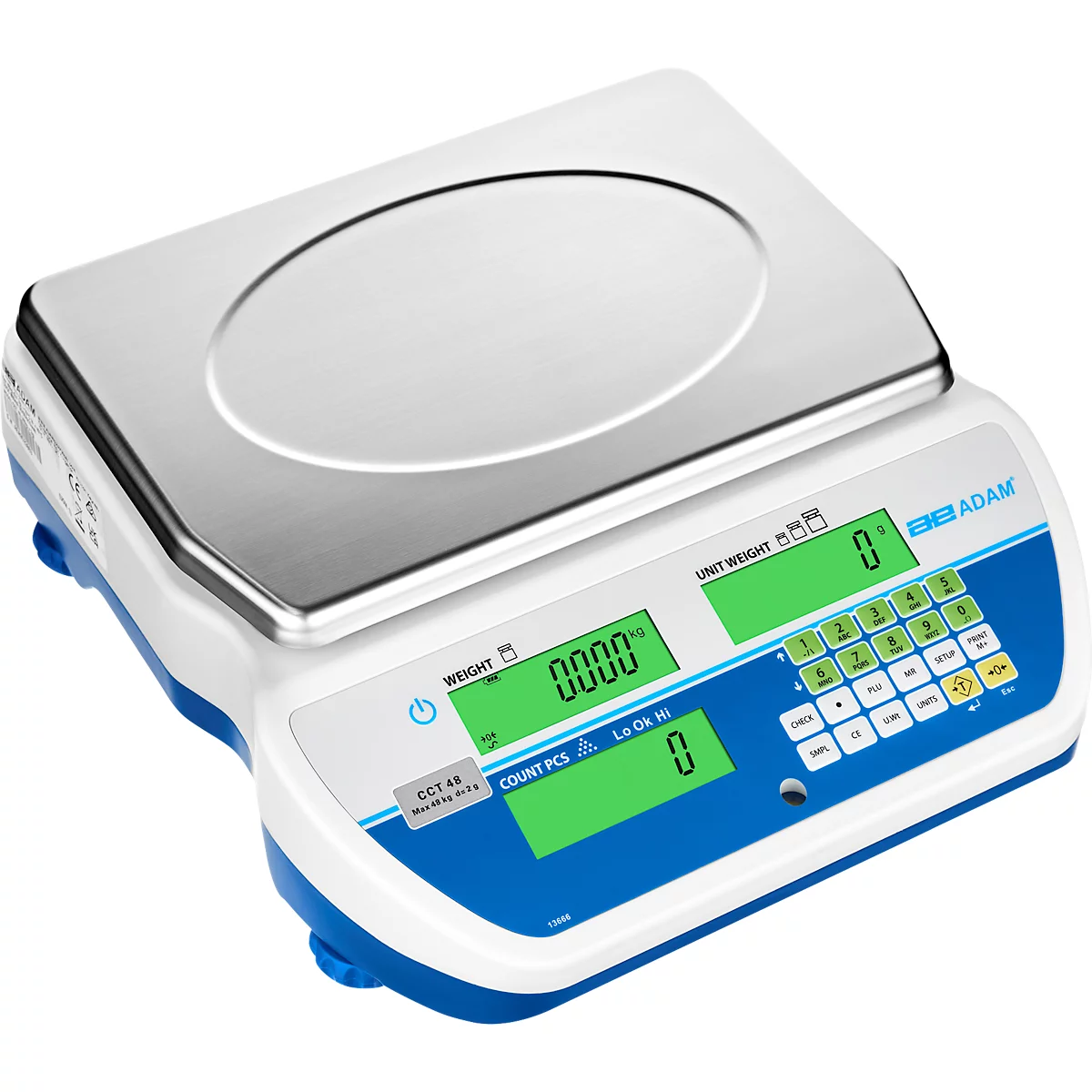 Tisch-Zählwaage Adam CCT 4M, Wägebereich 1 g-4 kg, LC-Display, RS-232, Netzanschluss/Akku, B 326 x T 355 x H 115 mm, Edelstahl, weiß-blau