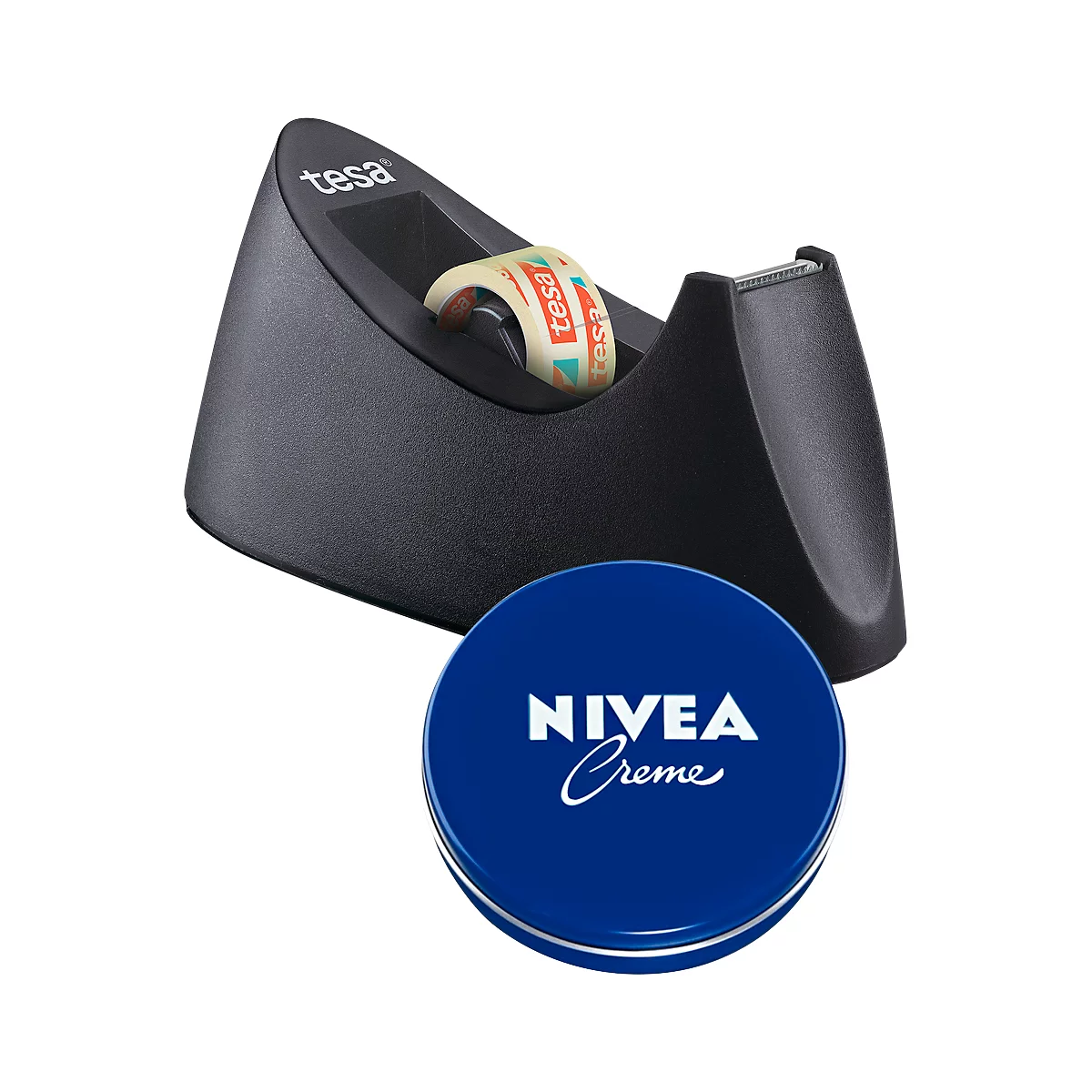 Tischabroller tesa Easy Cut® CURVE, inkl. Rolle L 10 m x B 19 mm + gratis Nivea-Dose 75 ml