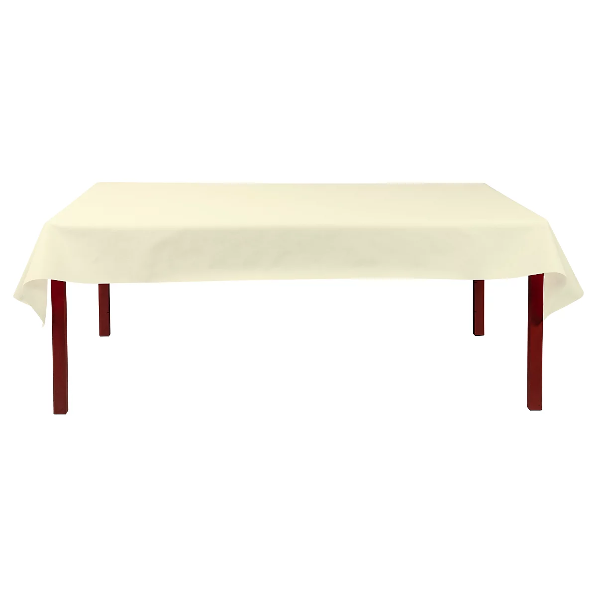 Beige Tischdecke auf einem Tisch mit braunen Beinen.
