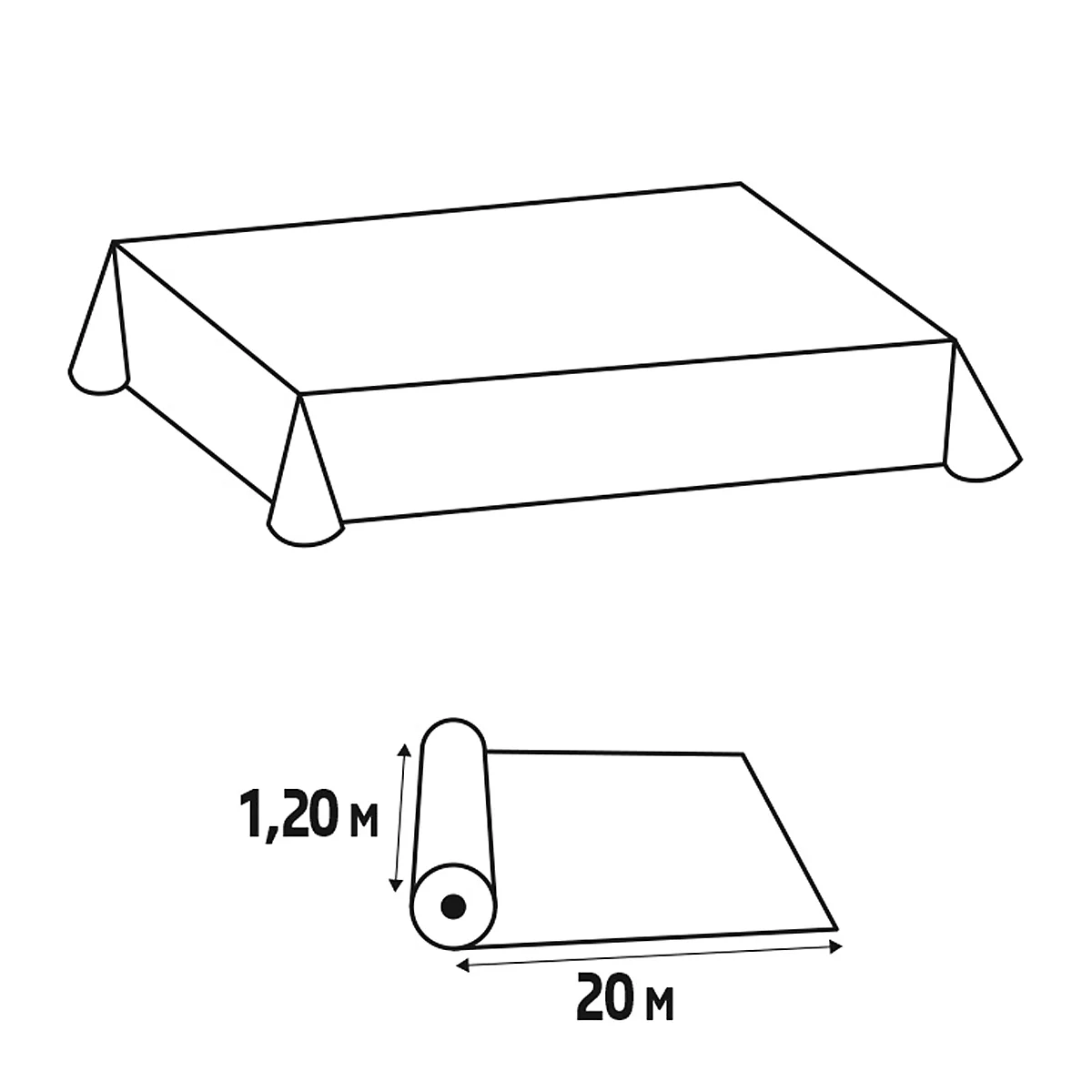 Schwarz-Weiß-Zeichnung, die ein Tischtuch über einem Tisch und eine aufgerollte Tischdecke mit Maßen zeigt.