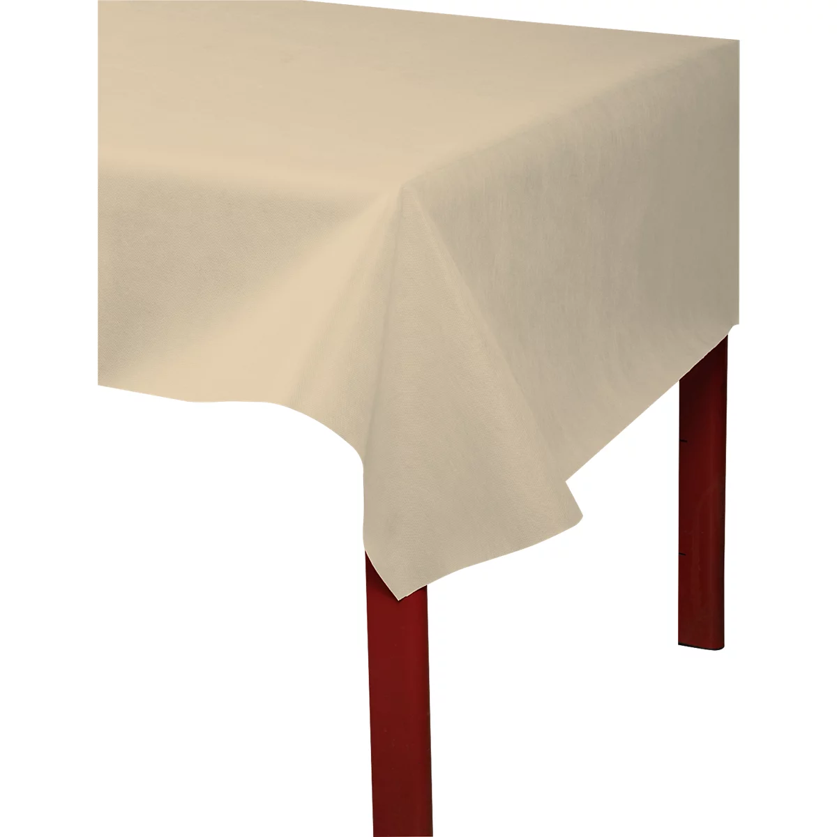 Beigefarbene Tischdecke liegt über einem Tisch, dessen Beine aus dunklem Holz bestehen.