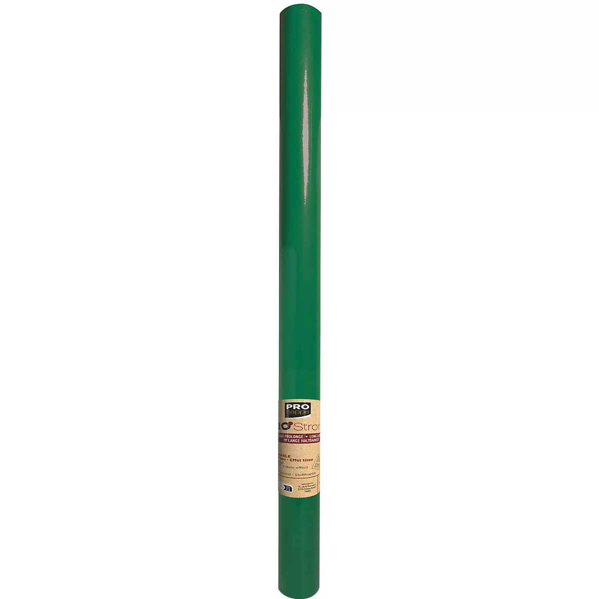 Zylindrische, grüne Flasche. Auf der Mitte befindet sich ein beiges Etikett mit Text.