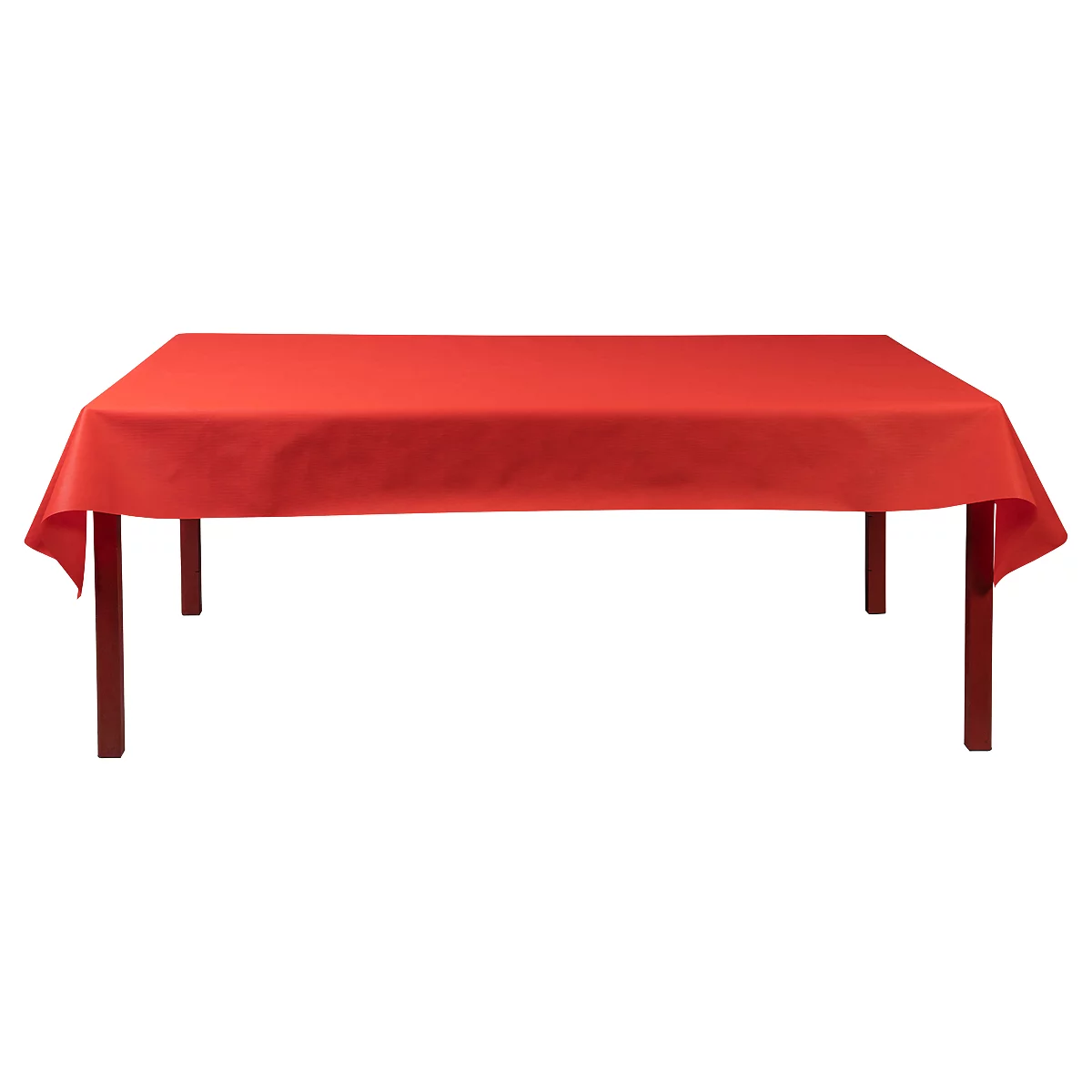 Ein Tisch mit rechteckiger roter Tischdecke; vier Beine.