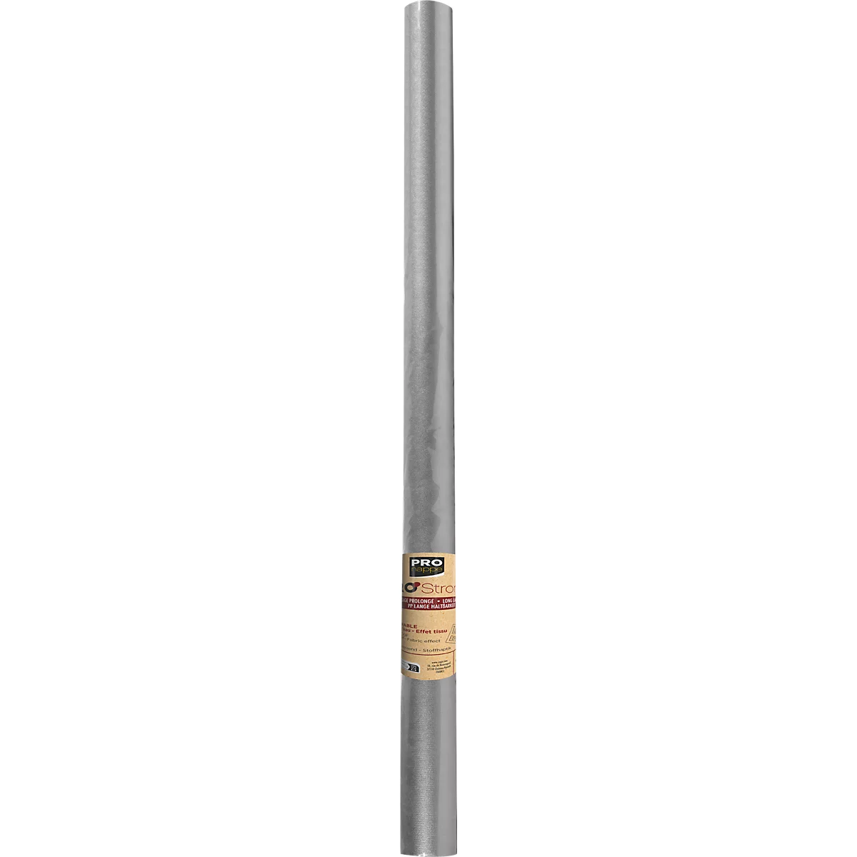 Rolle aus silbernem, glattem Material, mit einem Band mit Text.