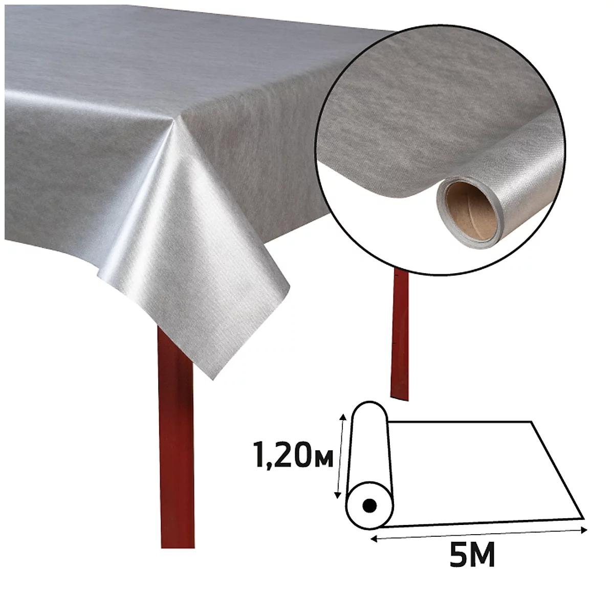 Ein graues Tischkleid liegt auf einem Tisch. Ein Ausschnitt zeigt eine Rolle des Stoffes mit den Maßen 1,20 m x 5 m.