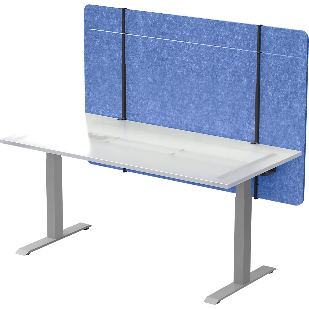 Ein weißer Schreibtisch mit blauem Sichtschutz, grauem Gestell.