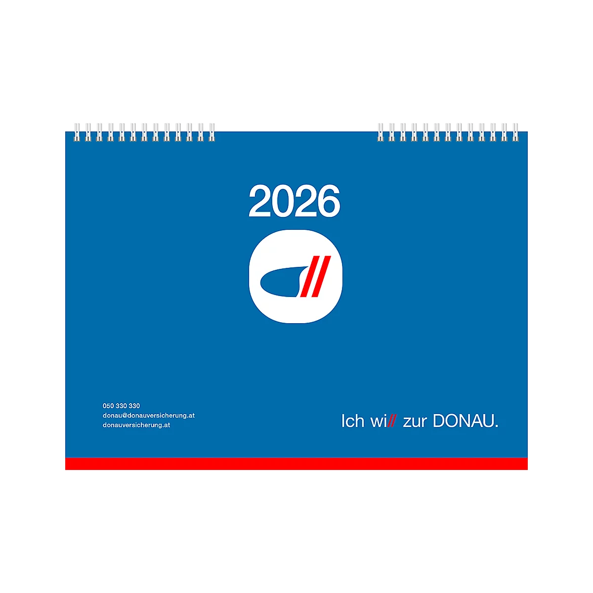 Tischkalender Donau Versicherung 2026, Spiralbindung, 7-spaltiges Kalendarium, mit Visitenkarten-Schlitzung, B 290 x H 180 mm, weiß-blau-rot