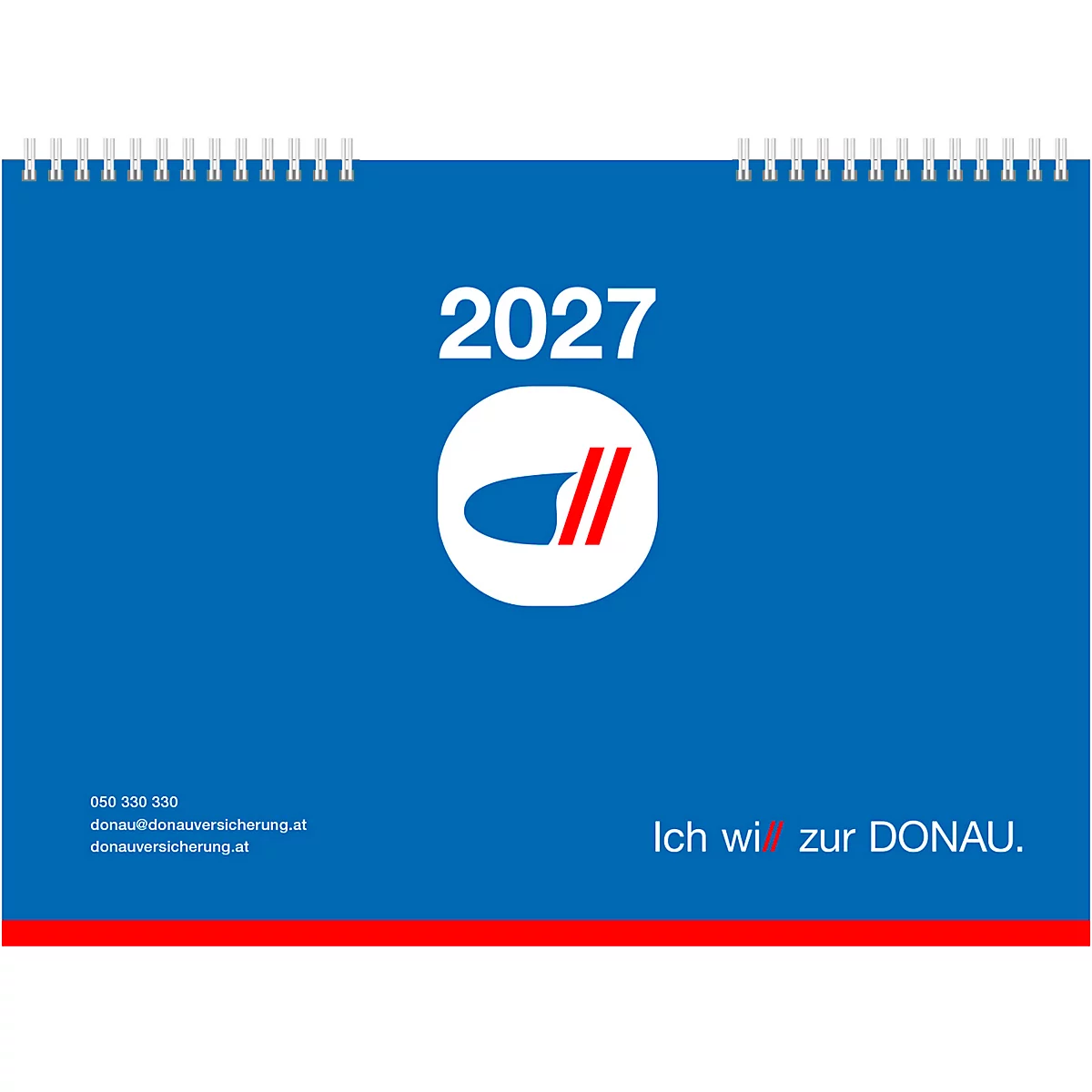 Kalender mit der Jahreszahl 2027 und dem Logo der Donau Versicherung. Der Hintergrund ist blau, am unteren Rand befindet sich ein roter Streifen.