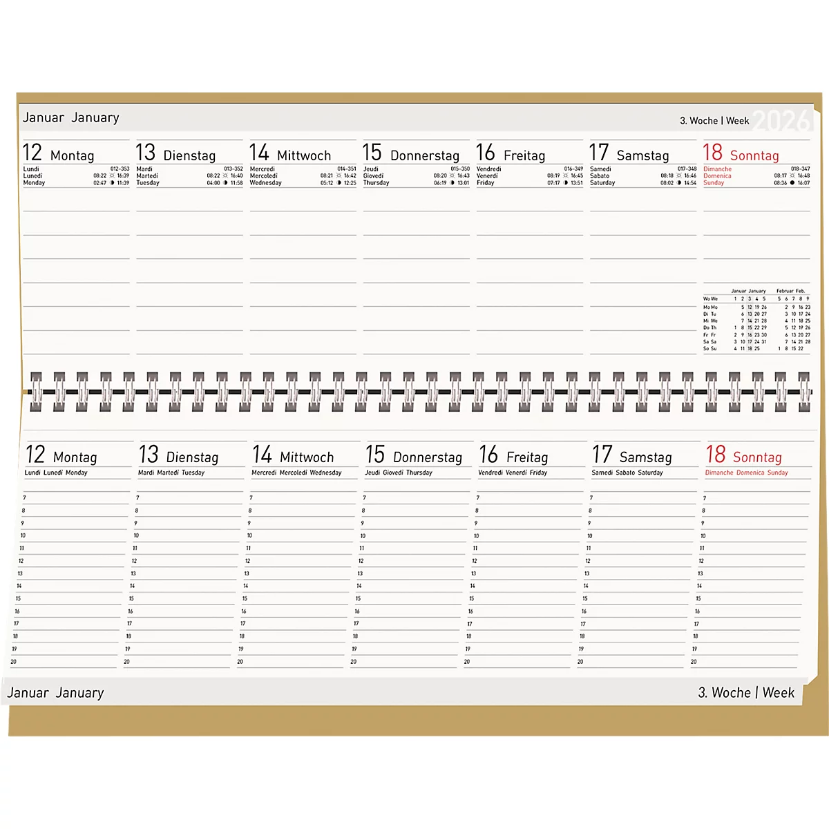 Tischkalender Korsch Edition Natur 2026, Querformat, 128 Seiten, Wochenübersicht, Kalendarium für D/GB/F/I, B 298 x H 105 mm, Naturkarton, braun