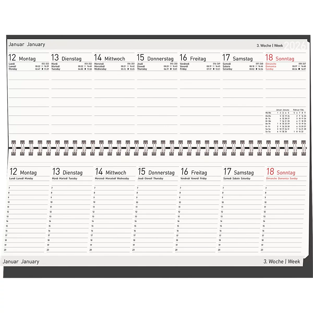 Tischkalender Korsch Edition Natur 2026, Querformat, 128 Seiten, Wochenübersicht, Kalendarium für D/GB/F/I, B 298 x H 105 mm, Naturkarton, schwarz