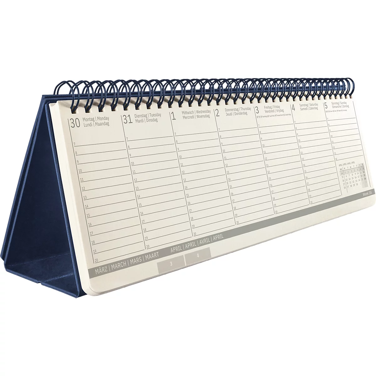 Tischkalender in Blau und Weiss mit Datumsangaben und Spiralbindung.