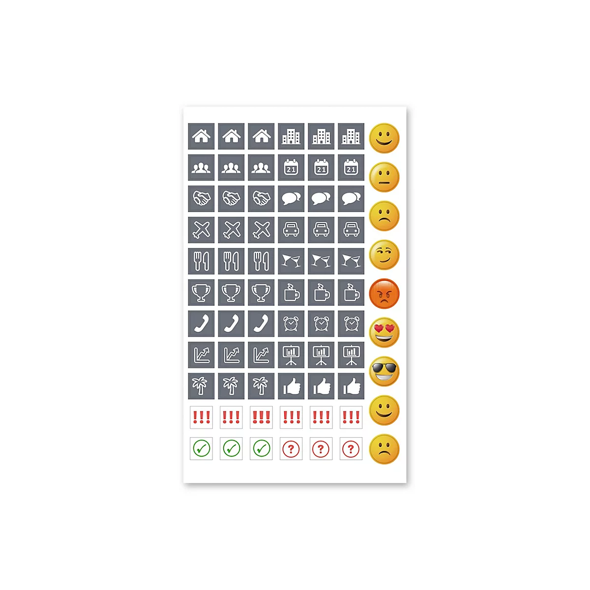 Aufkleber-Bogen mit Symbolen und Smileys. Enthält Häuser, Personen, Kalender, Sprechblasen, Autos, Trophäen, Anrufe, Diagramme, Daumen hoch und Ausrufezeichen.