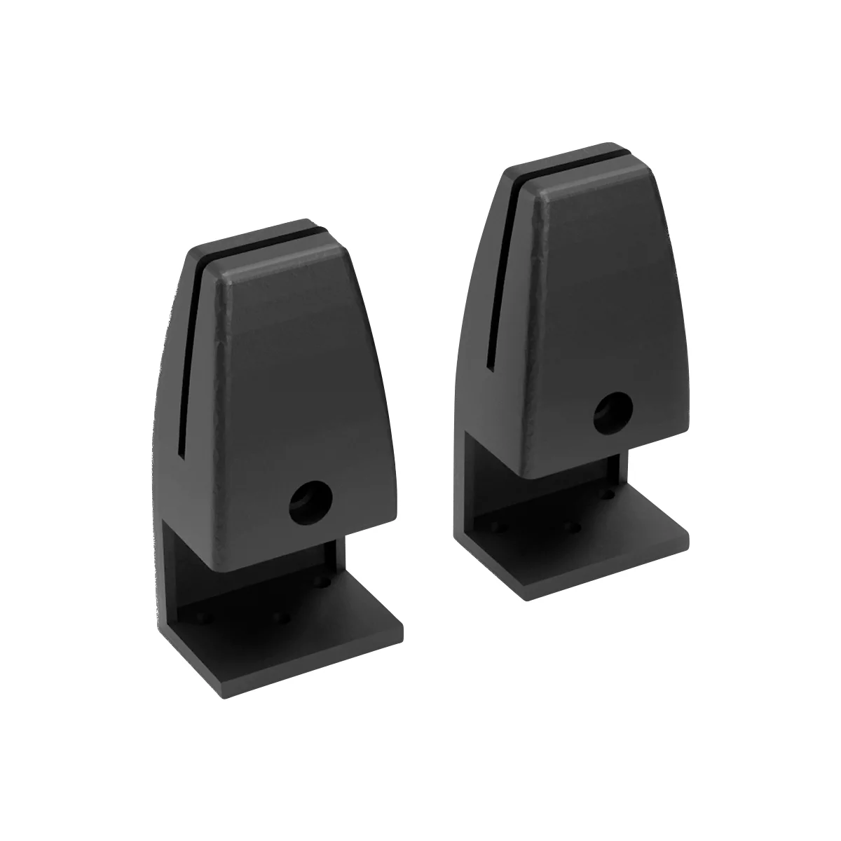 Zwei schwarze Tischklemmen, aus Metall, in Nahaufnahme, zur Befestigung von Schreibtischplatten.