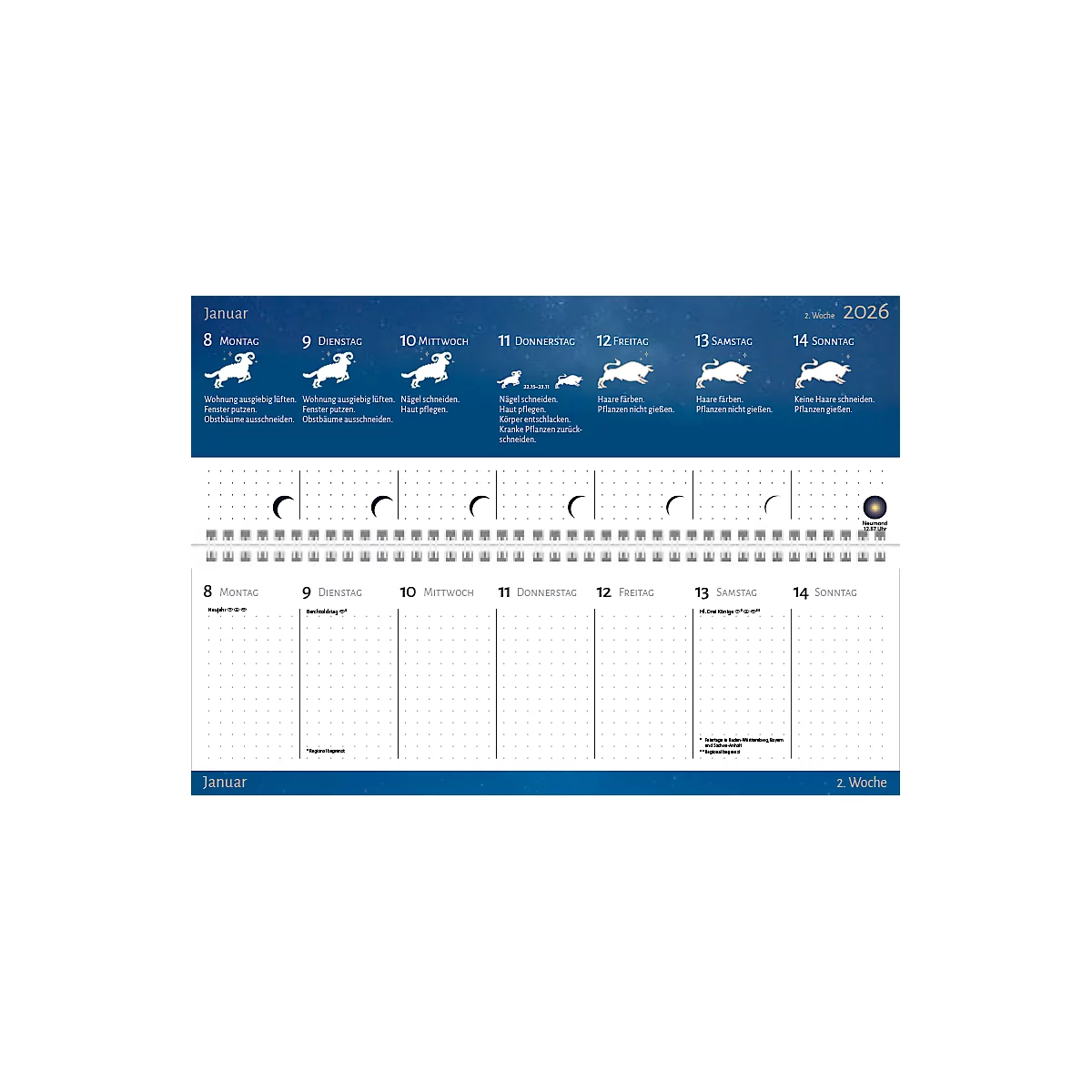 Tischquerkalender Korsch Mond 2026, 1 Woche/Doppelseite, Schulferien/Feiertage für D/A/CH, Vorschau 2027, Tipps zu Tierkreiszeichen, B 298 x H 105 mm