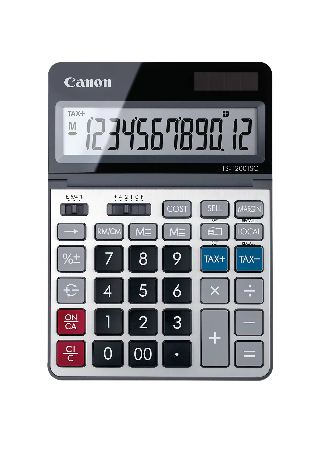 Tischrechner Canon TS-1200TSC, 12-stellige & klappbare LCD-Anzeige, mit Währungsumrechnung, Solar- & Batteriebetrieb, Kunststoff & Metall, silber