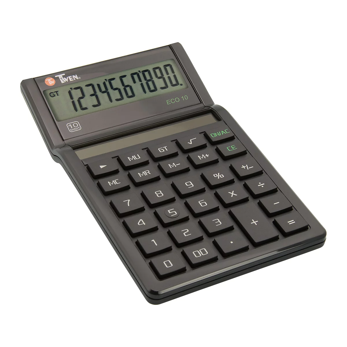 Schwarzer Tischrechner Twen Eco 10 mit LCD-Display vor weißem Hintergrund.