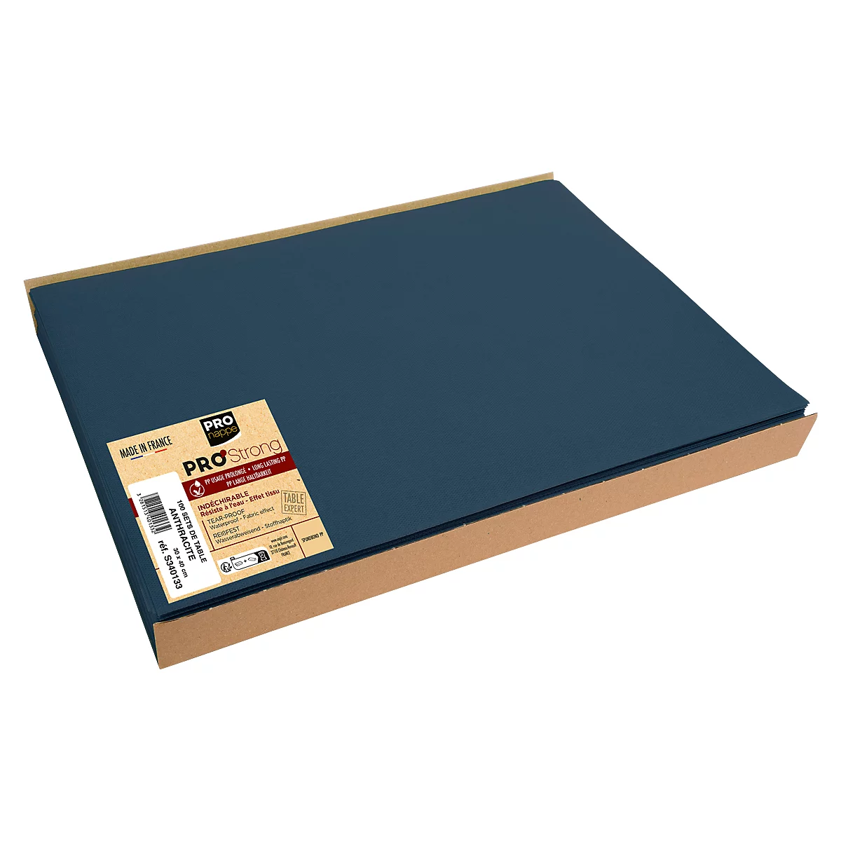 Blaue Platte in Karton. Aufkleber mit Produktangaben.