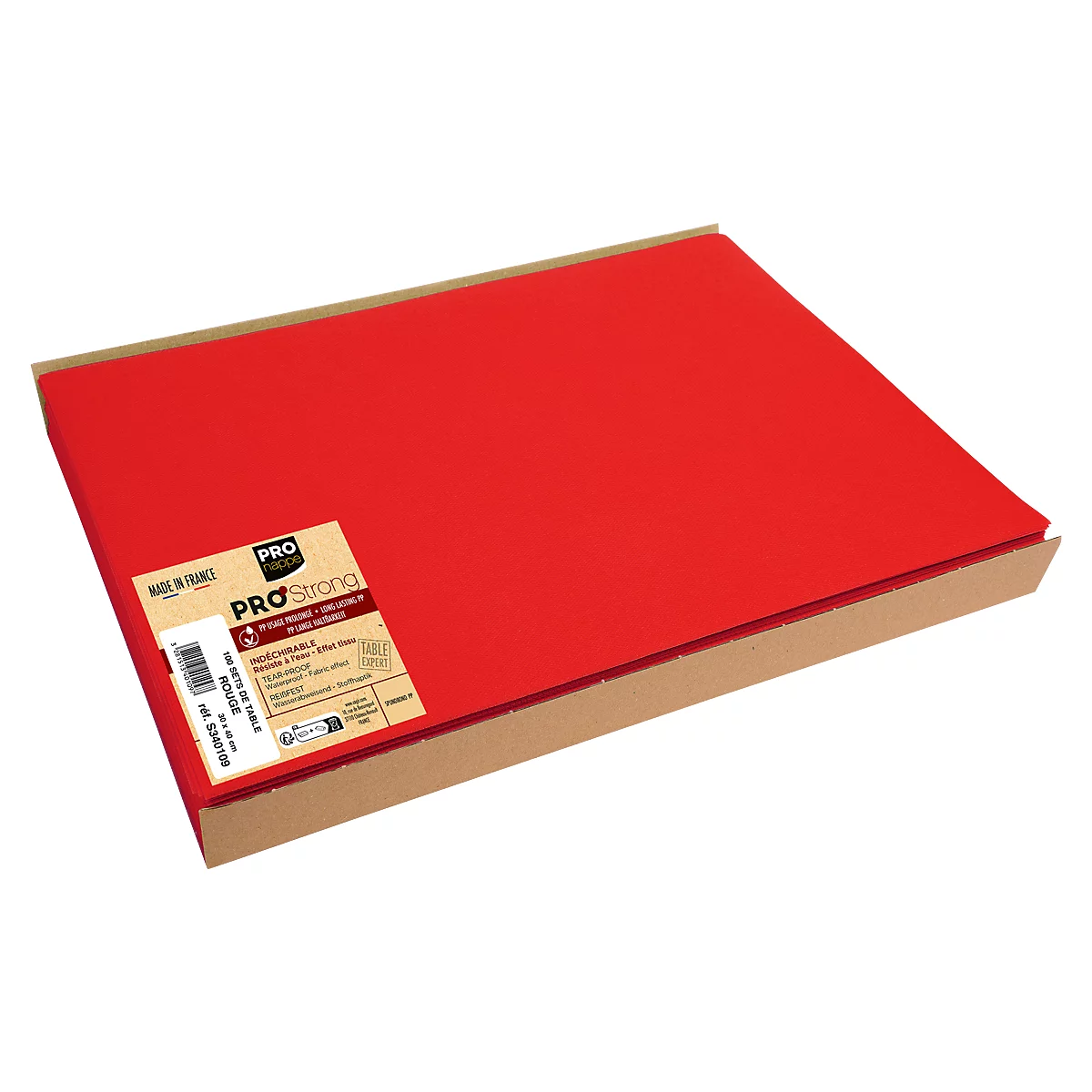 Rotes Papier in einem Karton. Auf dem Karton befindet sich ein Etikett mit Produktinformationen.