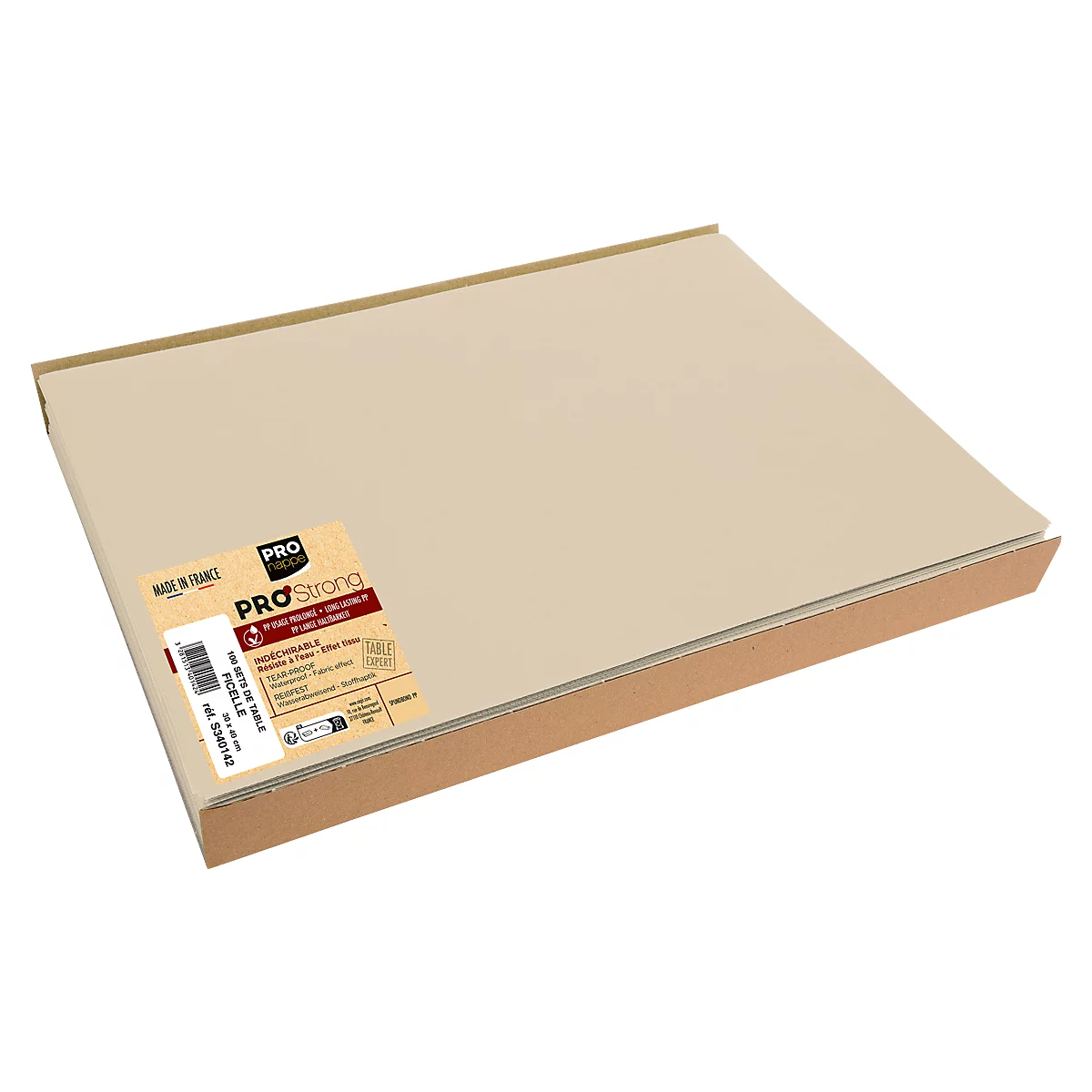 Eine beige Platte in einem Karton, mit Etikett: 'PRO Strong'.