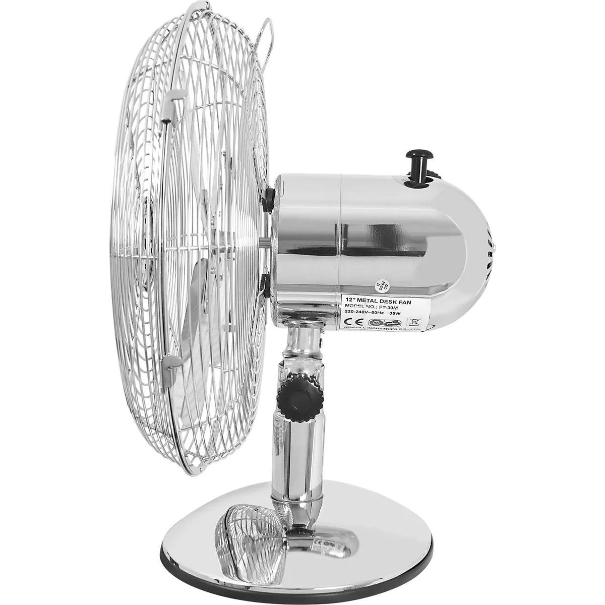 Tischventilator , 3 Leistungsstufen, winkelverstellbar, Überhitzungsschutz, B 340 x T 260 x H 440 mm, Kunststoff und Metall, chromfarben