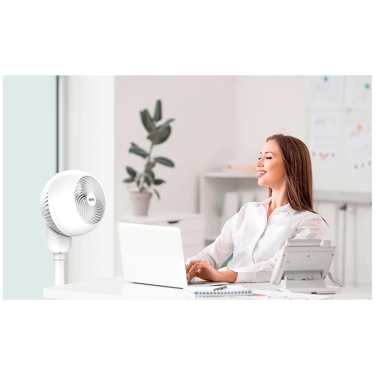 Tischventilator IDEAL FAN1, als Standventilator nutzbar, 4 Ventilationsstufen, Oszillation 90/60°, Timer, Fernbedienung, Ø 310 x H 532-905 mm, weiß