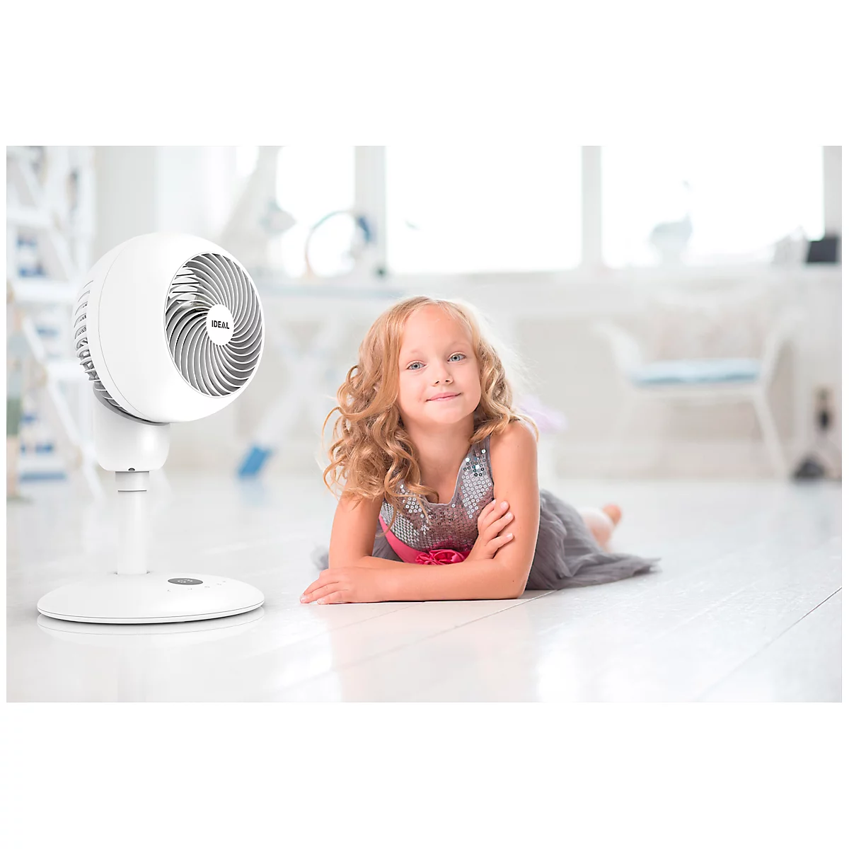 Tischventilator IDEAL FAN1, als Standventilator nutzbar, 4 Ventilationsstufen, Oszillation 90/60°, Timer, Fernbedienung, Ø 310 x H 532-905 mm, weiß