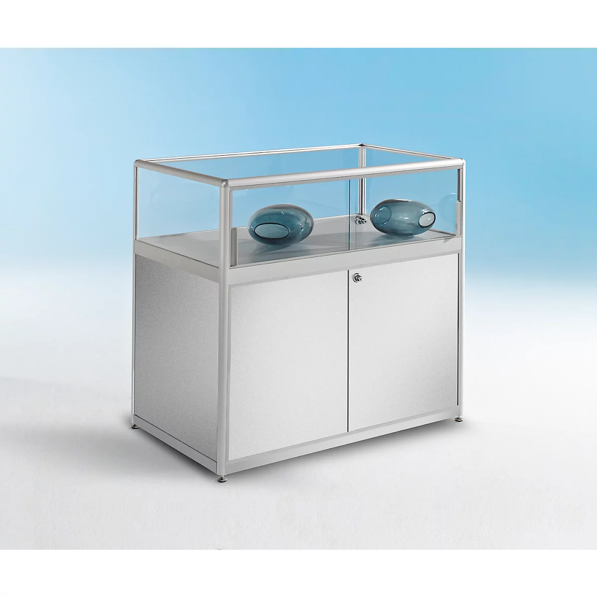 Tischvitrine BST, Brandschutzklasse B1, 1 Fach und 1 Staufach, abschliessbare Schiebetüren, B 480 x T 600 x H 1020 mm, Aluminium/Glas/Metall, silber