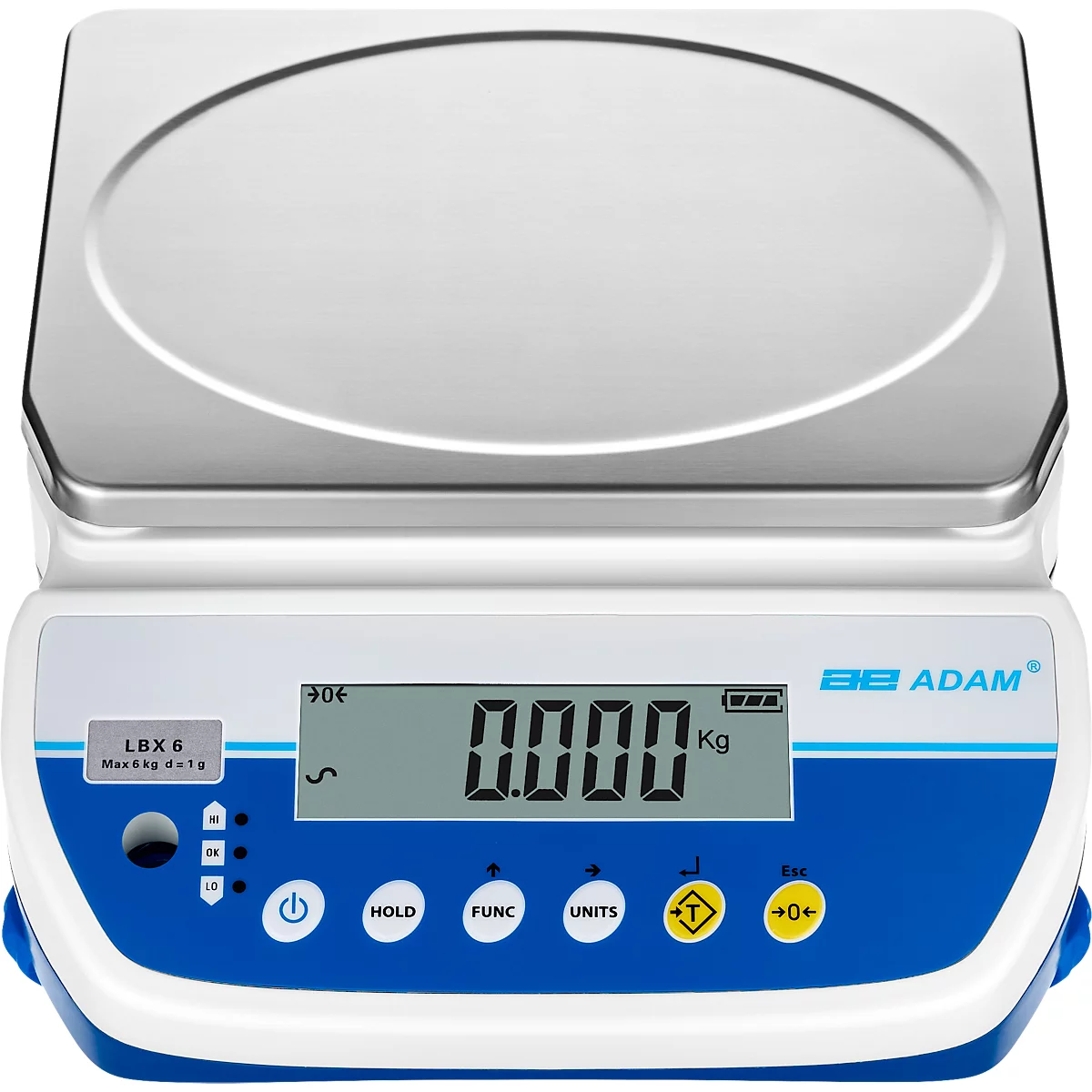 Tischwaage Adam Latitude LBX 6, Wägebereich 1 g-6 kg, LC-Display, Netzanschluss/Akku, B 255 x T 290 x H 105 mm, Edelstahl, weiß-blau